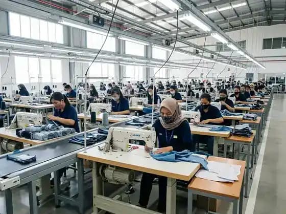 Sewing assembly line with operators